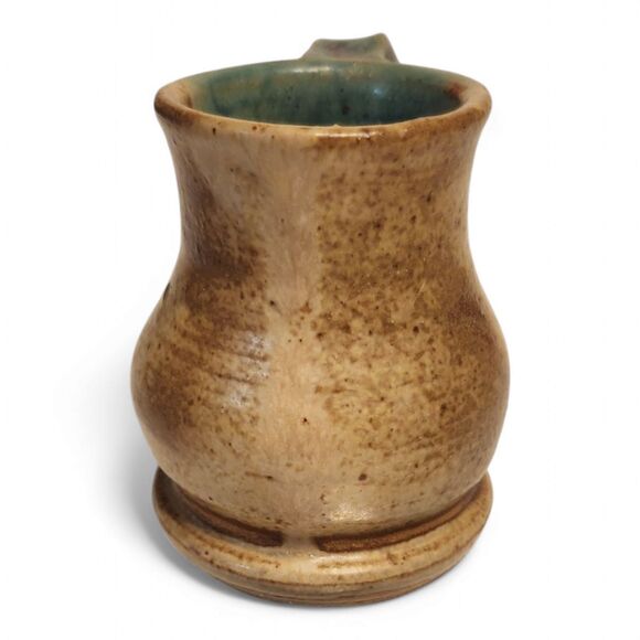 Handmade Pottery Creamer Pitcher, Clay Pottery, 3" Wide, Glazed Tan Teal, Signed - Picture 5 of 8